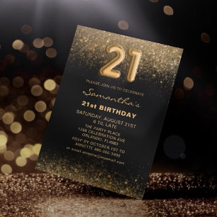 Invitation Anniversaire 21 ans chic paillettes or et noir