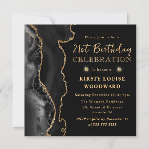 Invitation Anniversaire 21 ans élégant agate noir et doré pai