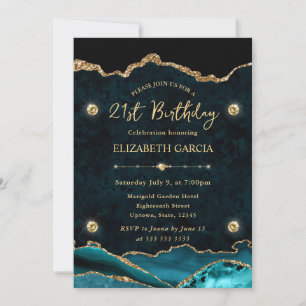 Invitation Anniversaire 21 ans élégant sarcelle et agate pail