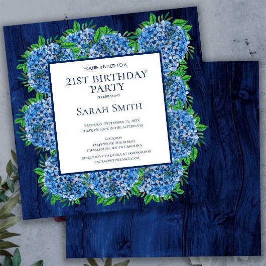 Invitation Anniversaire 21 ans Fête Rustique Bois Hydrangeas