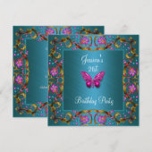 Invitation Anniversaire 21 ans floral sarcelle bleu rose papi (Devant / Derrière)