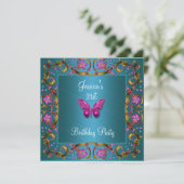 Invitation Anniversaire 21 ans floral sarcelle bleu rose papi (Debout devant)