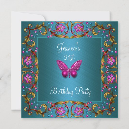 Invitation Anniversaire 21 ans floral sarcelle bleu rose papi (Devant)