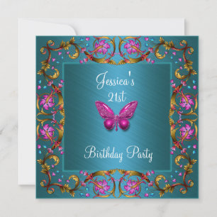 Invitation Anniversaire 21 ans floral sarcelle bleu rose papi