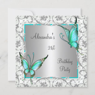 Invitation Anniversaire 21 Ans Floral Turquoise Papillon Arge