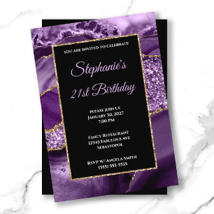 Invitation Anniversaire 21 ans Glitter Glam Agate Or Violet