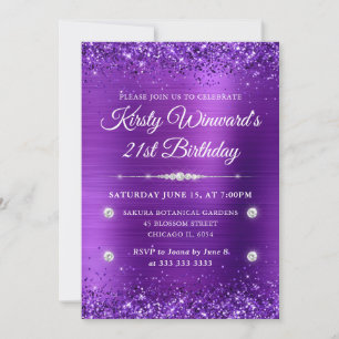 Invitation Anniversaire 21 ans Métal Brossé Violet et Paillet