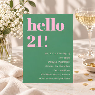 Invitation Anniversaire 21 Ans Moderne Rétro Rose Vert Gras