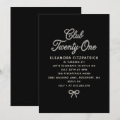 Invitation Anniversaire 21 ans Noir Blanc Perle Script Nœud (Devant / Derrière)