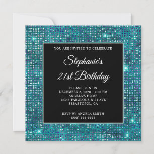 Invitation Anniversaire 21 ans noir bleu sarcelle diamant pai