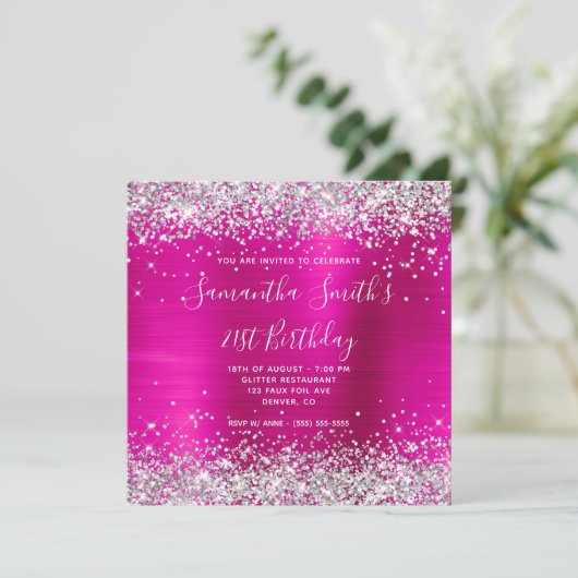 Invitation Anniversaire 21 ans paillettes argent rose chaud (Debout devant)
