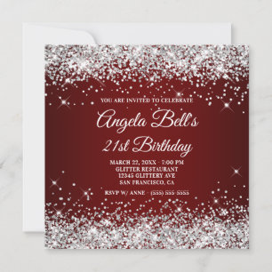 Invitation Anniversaire 21 Ans Paillettes Argentées Rouge Fon