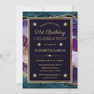 Invitation Anniversaire 21 ans paillettes de sarcelle, violet