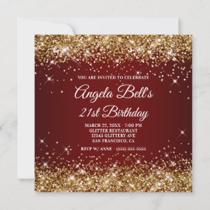 Invitation Anniversaire 21 ans paillettes or ombré rouge fonc