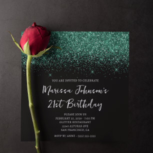 Invitation Anniversaire 21 ans Paillettes Vert Chasseur Noir