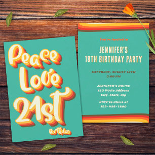 Invitation Anniversaire 21 ans Peace Love Retro Groovy Sunset