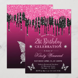 Invitation Anniversaire 21 ans rose chaud et noir avec paille