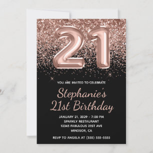 Invitation Anniversaire 21 ans Rose Gold Pailleté Noir