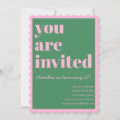 Invitation anniversaire 21 ans rose vert moderne à (Devant)