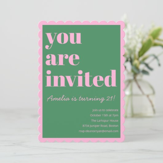 Invitation anniversaire 21 ans rose vert moderne à (Debout devant)