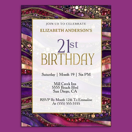 Invitation Anniversaire 21 ans Strata moderne violet orné de 
