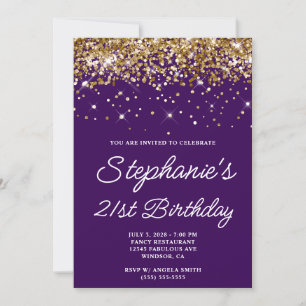 Invitation Anniversaire 21 ans Violet Foncé Paillettes Dorées