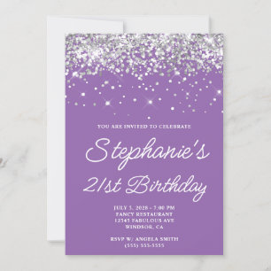 Invitation Anniversaire 21 ans Violet Pâle Paillettes Argenté