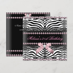 Invitation Anniversaire 21 ans Zèbre Rose Blanc Noir Dentelle