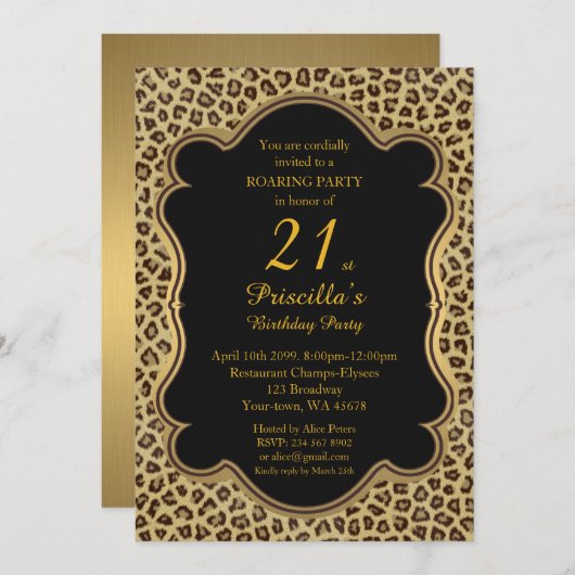 Invitation Anniversaire 21e, Cheetah, Noir & Or (Devant / Derrière)