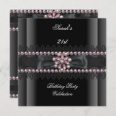 Invitation Anniversaire 21e Perle noire blanche rose (Devant / Derrière)