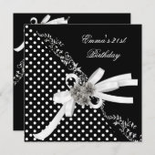 Invitation Anniversaire 21e Polka Dot noir blanc Bow (Devant / Derrière)