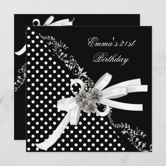 Invitation Anniversaire 21e Polka Dot noir blanc Bow (Devant / Derrière)
