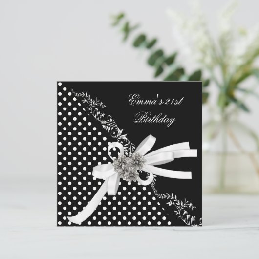 Invitation Anniversaire 21e Polka Dot noir blanc Bow (Debout devant)