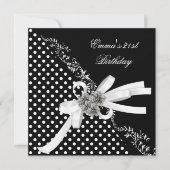 Invitation Anniversaire 21e Polka Dot noir blanc Bow (Devant)