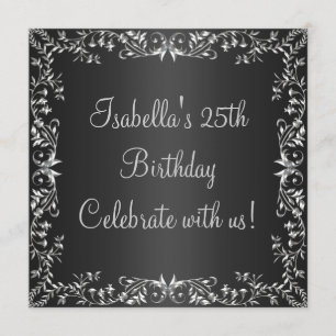 Invitation Anniversaire 25 ans Métal Floral Noir & Argent