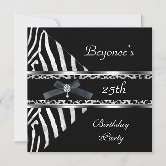 Invitation Anniversaire 25 ans Zèbre Léopard Noir (Devant)