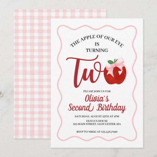 Invitation anniversaire 2 ans Apple Pink Bow prepp (Devant / Derrière)