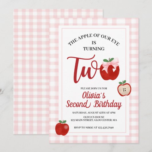 Invitation anniversaire 2 ans Apple Pink Bow prepp (Devant / Derrière)