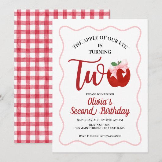 Invitation anniversaire 2 ans Apple Pink Bow prepp (Devant / Derrière)