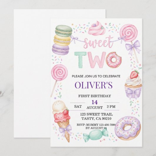 Invitation anniversaire 2 ans "Dessert pastel doux (Devant / Derrière)
