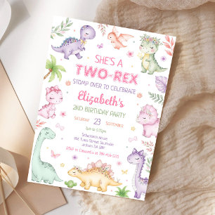 Invitation Anniversaire 2 ans fille dinosaure pastel deux rex