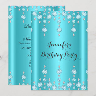 Invitation Anniversaire 2 Diamant Bleu Turquoise Pailleté Élé