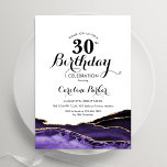 Invitation Anniversaire 30 ans Agate Blanc Violet Or<br><div class="desc">Invitation d'anniversaire 30 ans agate blanc violet et or. Design moderne élégant avec fond géode de marbre agate aquarelle,  or faux brillant et police de caractères script. Carte d'invitation tendance parfaite pour une célébration d'anniversaire de femme stylée. Invitations Zazzle imprimées ou modèle numérique imprimable instantané à télécharger.</div>