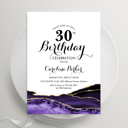 Invitation Anniversaire 30 ans Agate Blanc Violet Or