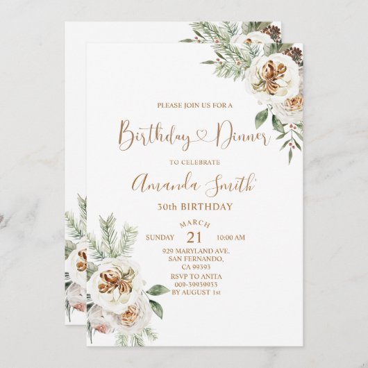Invitation Anniversaire 30 ans Dîner Fleur Blanche Noël Hiver (Devant / Derrière)