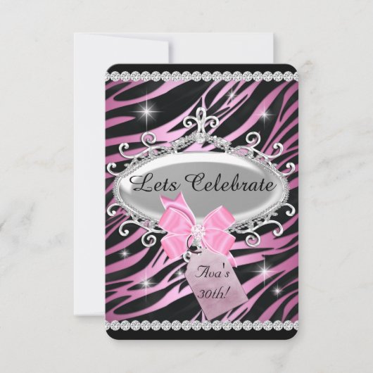 Invitation Anniversaire 30 ans Impression Zèbre Ruban Rose (Devant)