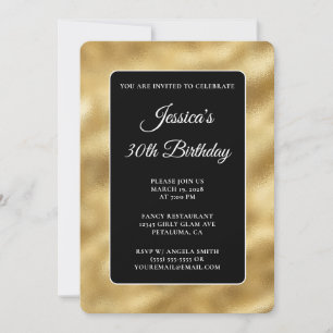 Invitation Anniversaire 30 ans Noir et Or Pailleté Brillants