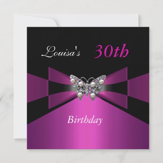 Invitation anniversaire 30 ans papillon noir prune (Devant)
