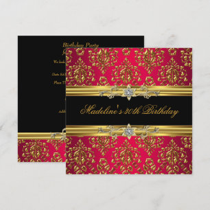Invitation Anniversaire 30 ans Rouge Damassé Or Floral Noir b