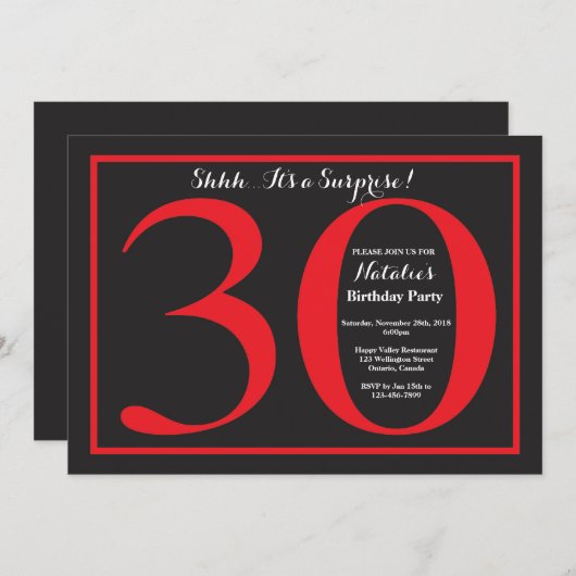 Invitation Anniversaire 30 ans surprise tableau noir rouge et (Devant / Derrière)